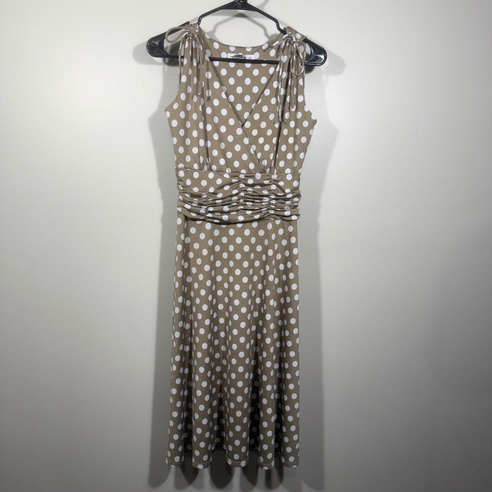 AA Studio AA Taupe Polka Dot Dress Women's Size 8 Sleeveless Midi Retro Pin‎ Up